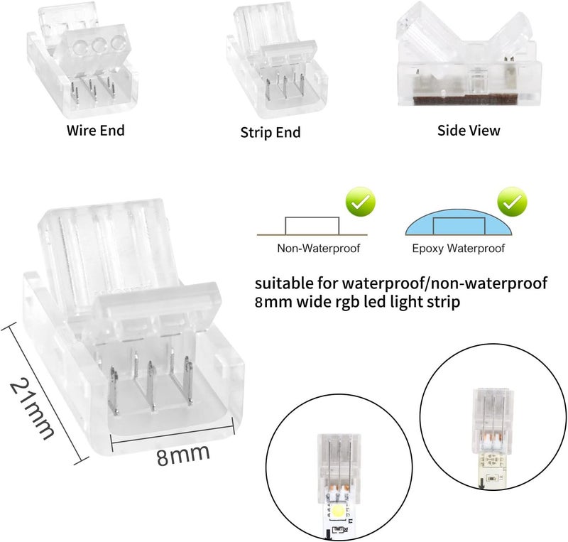 RGBZONE 10Pcs 3 Pin 8mm LED Strip Connectors Gapless Solderless Strip to Wire Quick Connector Universal for 8mm Waterproof and Non-Waterproof WS2811 WS2812B LED Strip Lights - Image 2